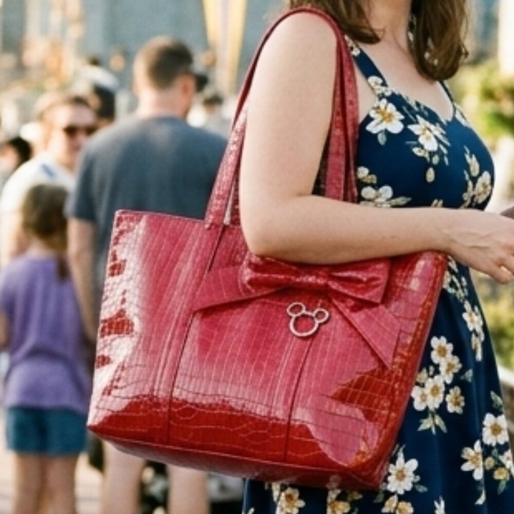 Disney Mickey Red Crocodile Embossed Bow Tote Bag NWT Parks World Charm Silver